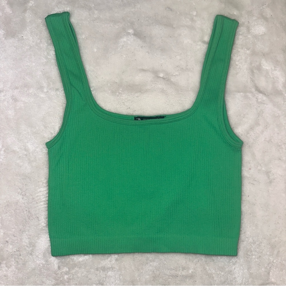 Zara Vibrant Green Ribbed Crop Tank Top Size XS-Small